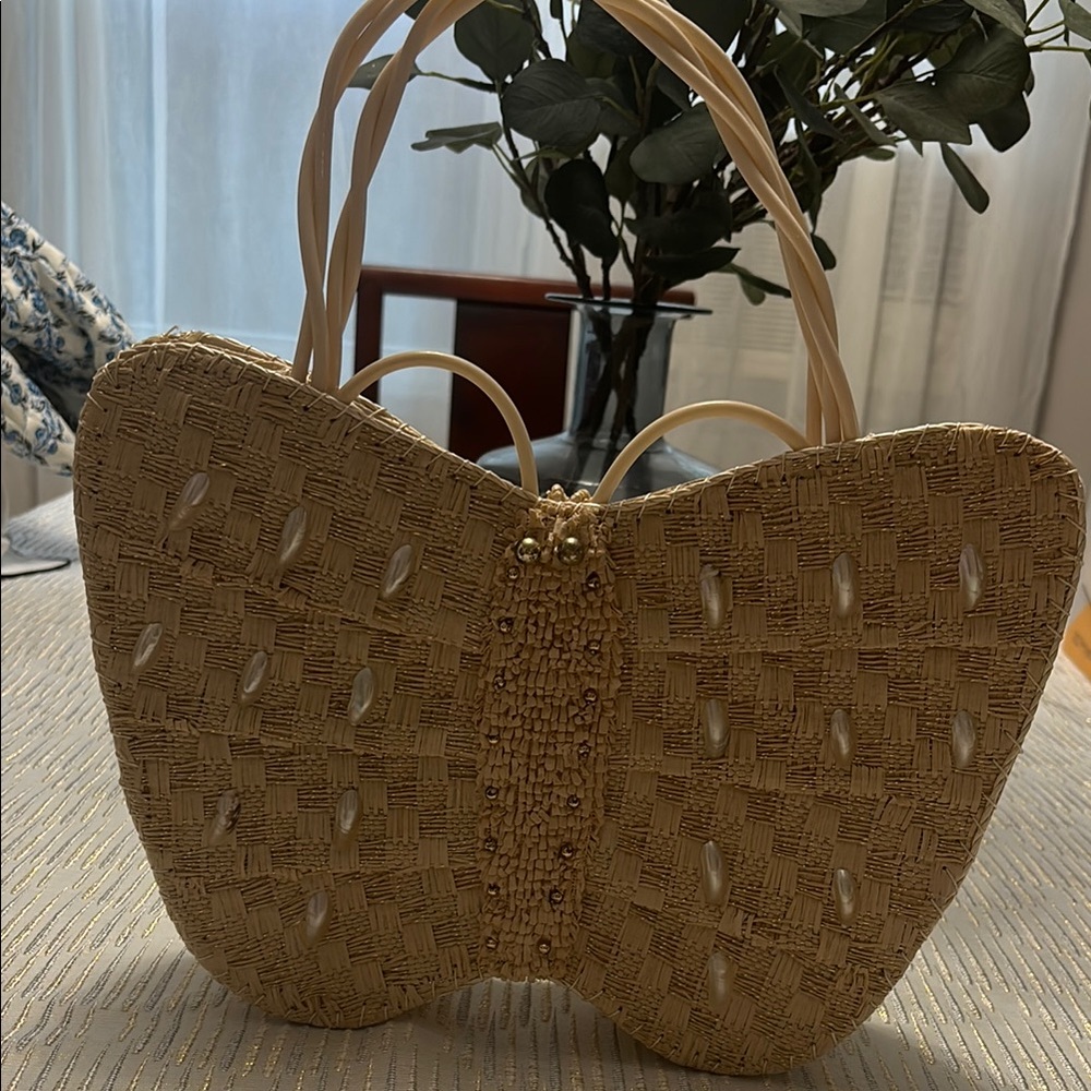Vintage Tan Quilted Shoulder Bag with Butterfly Design. 1950s from Japan